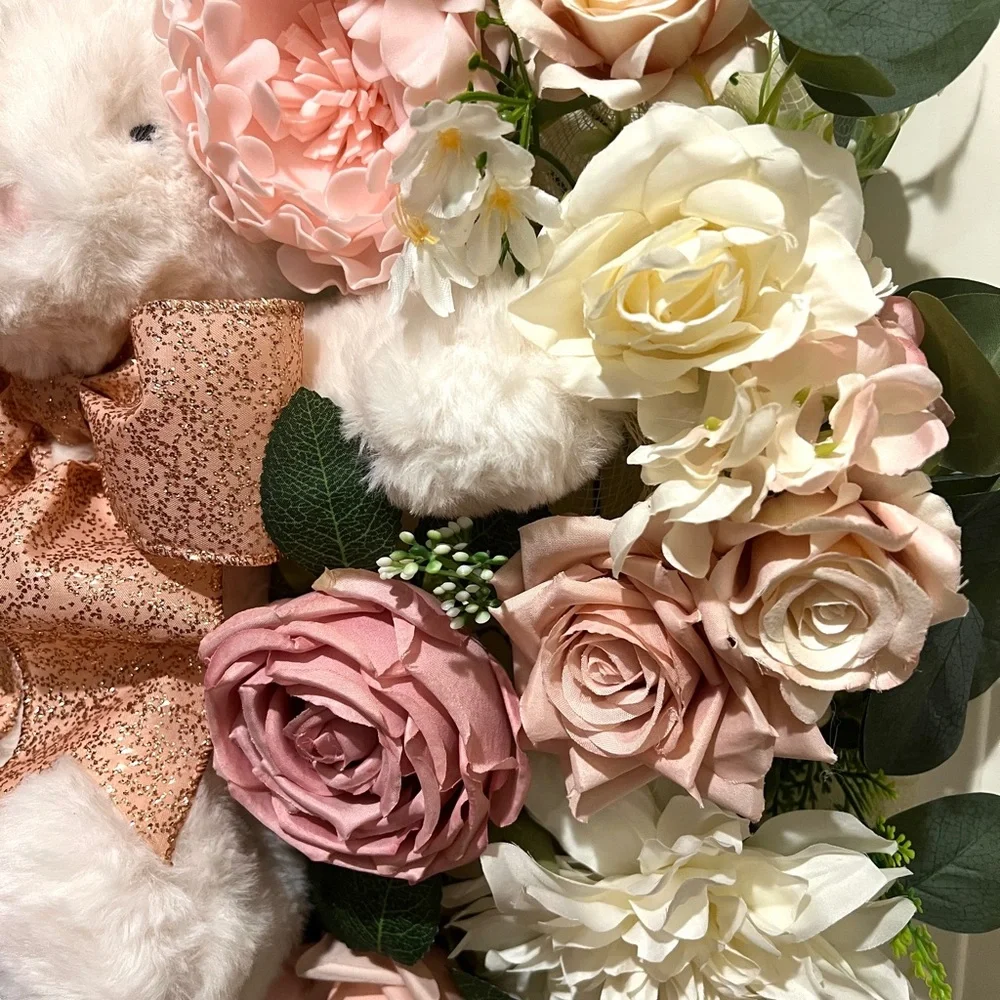 Handmade Floral Bunny Spring Silk Flower & Ribbon Wreath 22 in W7
